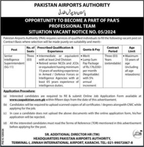 Intermediate/equivalent level (PAA) applies to Sindh, Pakistan. Pakistan Airports Authority (PAA) invites these job applications for  (Male & Female).