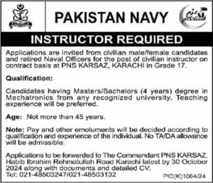 The Pakistan Navy is offering "Bachelor/Master" level jobs in 2024 for the position of Civilian Instructor (BPS-17) at PNS Karsaz, Karachi.