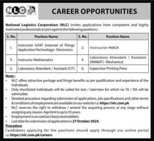 National Logistics Corporation (NCL) invites job applications from all around Pakistan. With an Age limit of 55 Years.