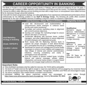 The Bank of Punjab (BOP) Lahore, Lahore Punjab Pakistan invites applications from eligible candidates for the post of Head of Marketing Strategy is responsible for overseeing and leading the development, execution, and optimization of a company's marketing strategy.