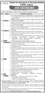 Aerospace & Security Studies (CASS) Lahore, Punjab, opens applications for both male/ female candidates on a contract basis.