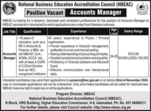 National business Education Accreditation Council (NBEAC)" Account Manager" jobs Islamabad (Nov/2024) also the latest jobs are 2024 0pen merit.