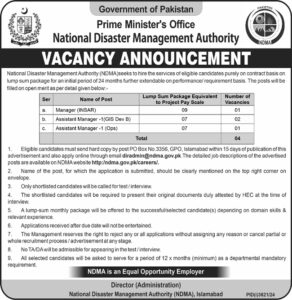 National Disaster Management Authority (NDMA) Islamabad Pakistan, invites applications for male & female candidates on a contract basis.