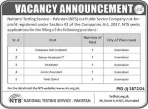 National Testing Service (NTS), Islamabad Pakistan (December/24) Invites applications are both male & Female candidates on a contract basis.