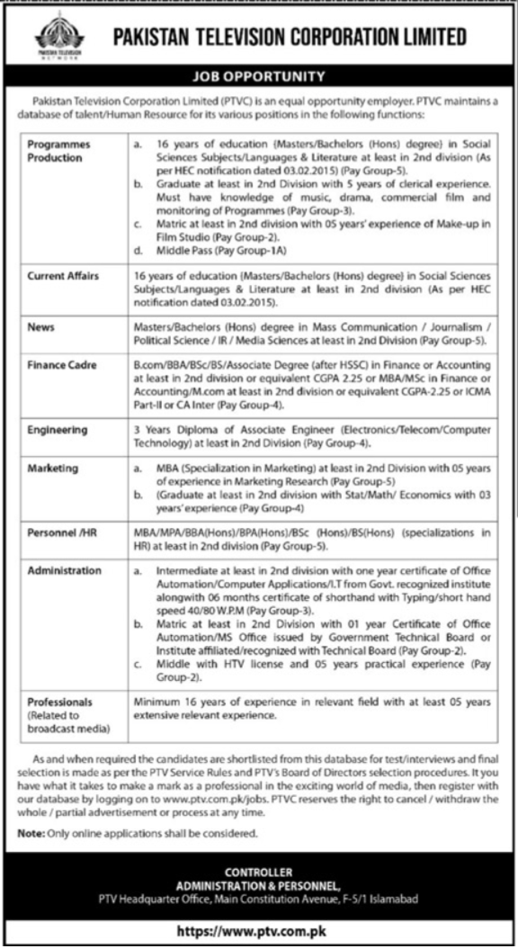 Pakistan Television Corporation Limited, Invites applications for both male and female candidates on a contract basis.