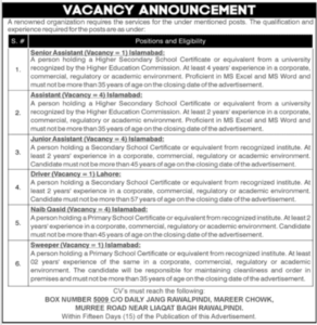 Public Sector organization, Islamabad (January/25) Invites applications for both male and female candidates on a contract basis.