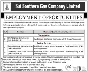 Sui Southern Gas Company SSGC, Karachi Pakistan (December/24) Invites applications for both male and female candidates on a contract basis.