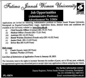 Fatima Jinnah Women’s University, (December/24) Invites applications for both male and female candidates on a contract basis.